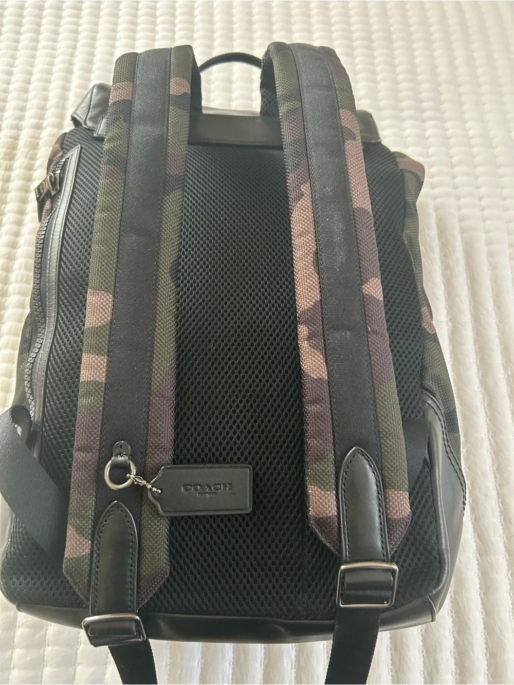 Coach Camouflage Drawstring Backpack w/ leather accents Black, Brown, Green